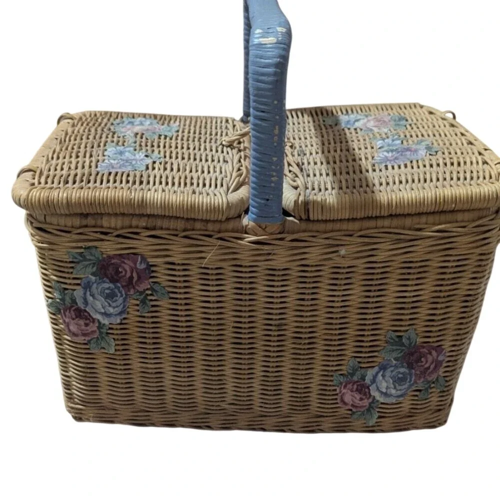 Vintage Floral Wicker Picnic Basket Double Lid Blue Handle Sewing Box 12x9x8